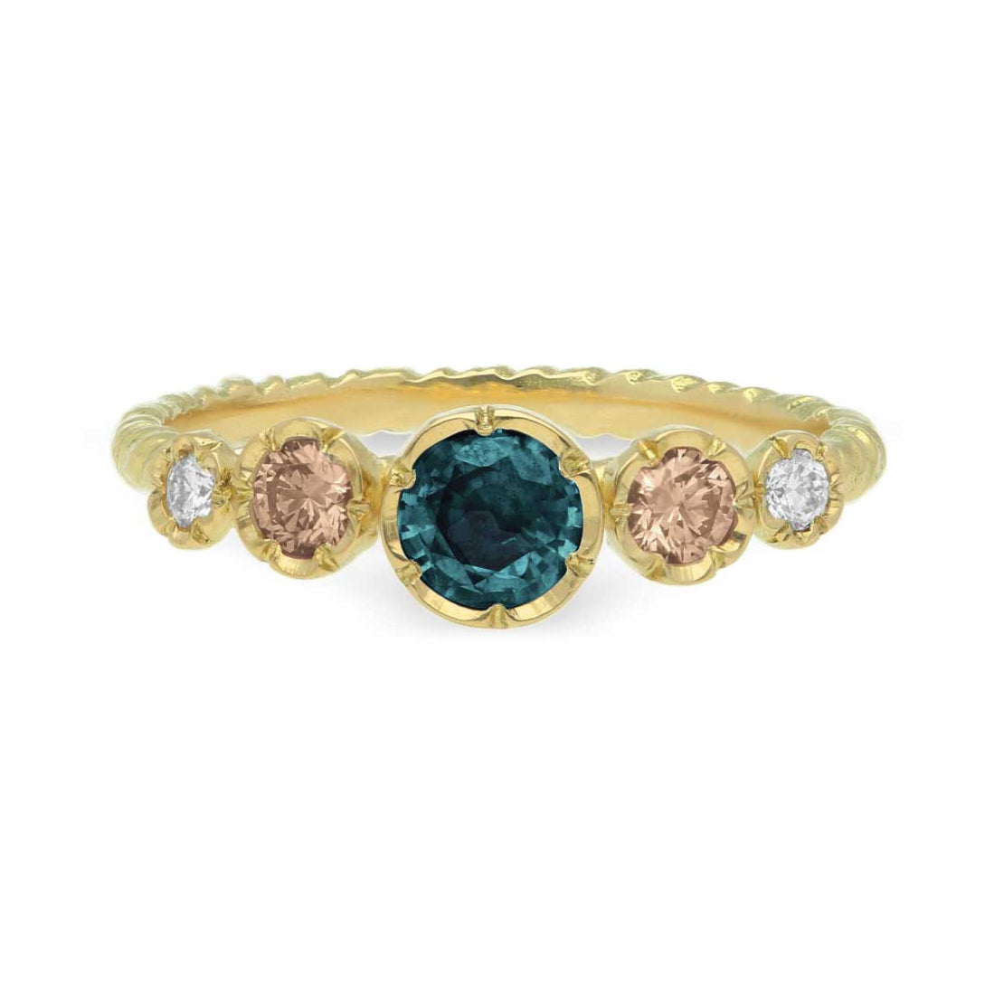 Natalie Perry EXCLUSIVE Teal Sapphire & Diamond Five Stone Ring at ethical jeweller EC One London