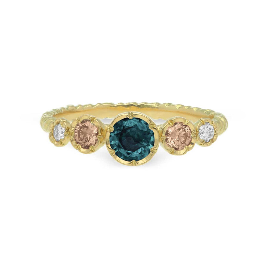 Natalie Perry EXCLUSIVE Teal Sapphire & Diamond Five Stone Ring at ethical jeweller EC One London