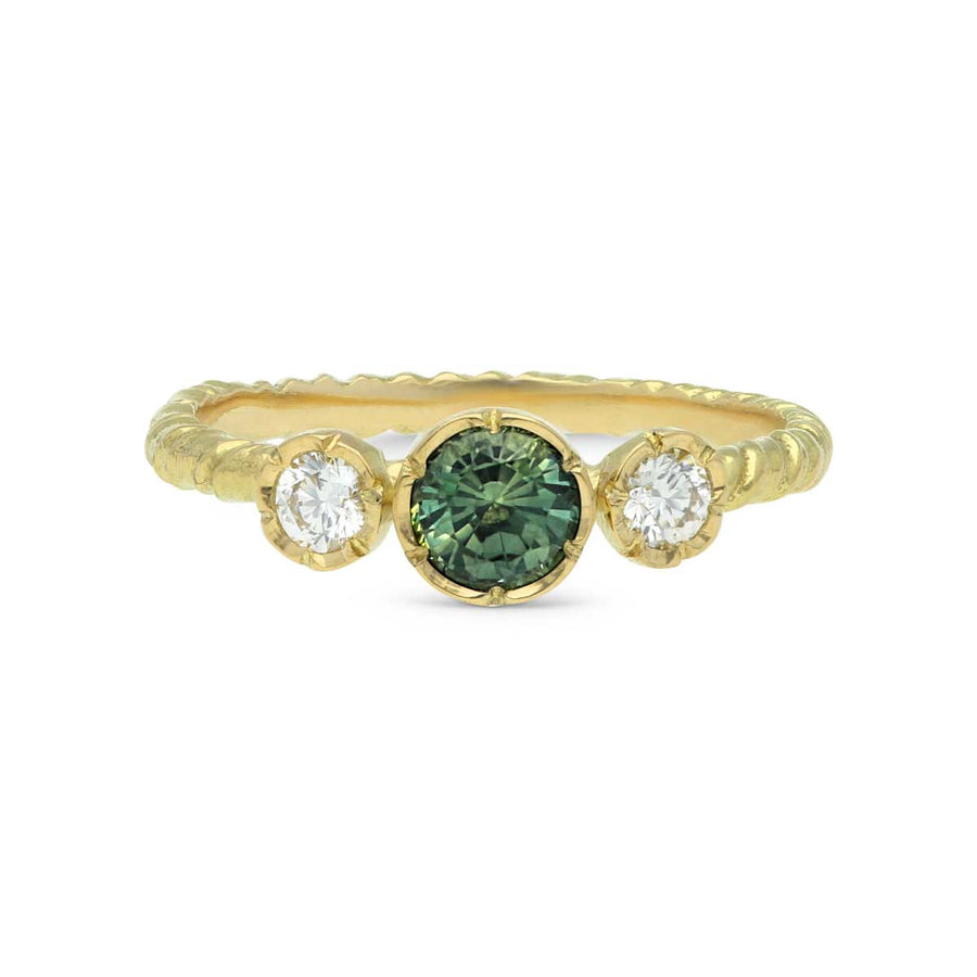 Natalie Perry EXCLUSIVE Teal Sapphire & Diamond Three Stone Ring at Ethical jewellers EC One London