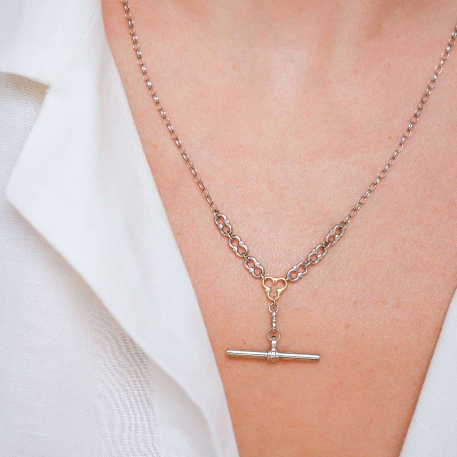 MYDDELTON  Necklace White Gold with Yellow Gold Detail and T-Bar by ethical London B Corp jeweller E.C.One