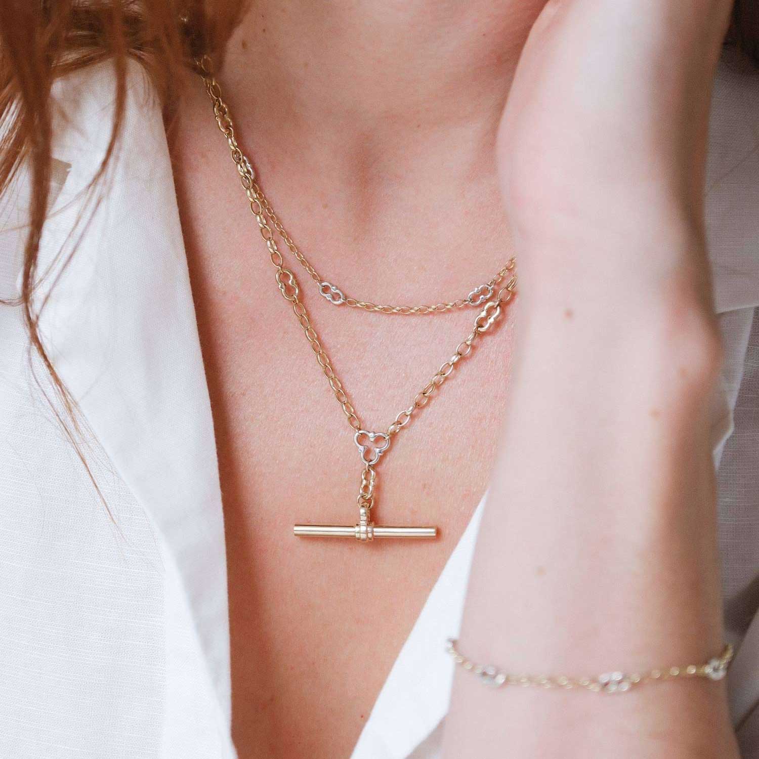 ROSEBERY Necklace Yellow Gold Signature Chain with White Gold Detail & T-Bar by ethical London B Corp jeweller E.C.One