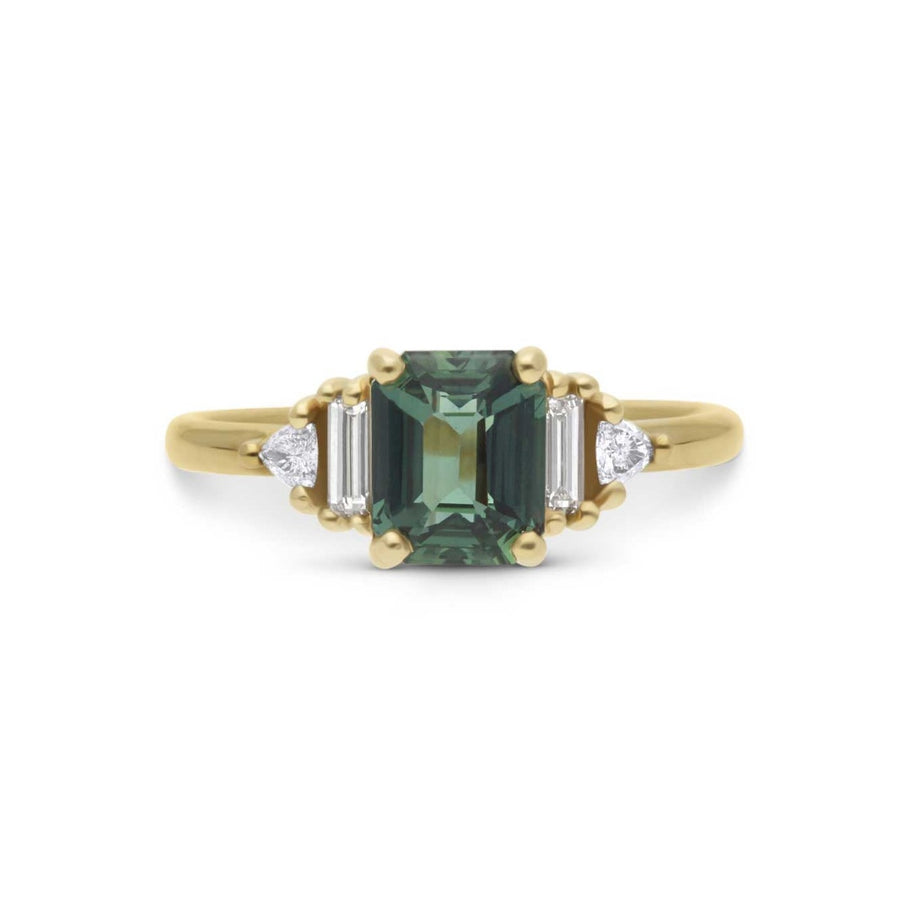 E.C. One AUDREY Yellow Gold Teal Sapphire and Diamond ethical Engagement Ring in recycled yellow gold