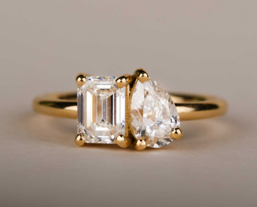 JOSEPHINE Yellow Gold Emerald & Pear-Shaped Diamond Engagement Ring by EC One London