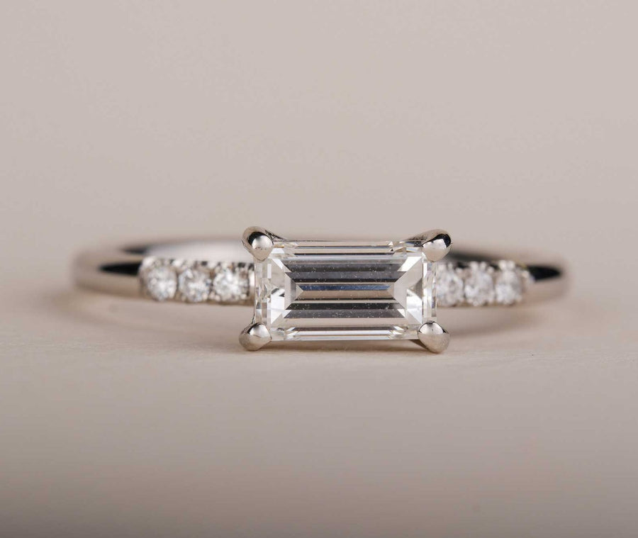 E.C. One LOIS Platinum Baguette Diamond ethical Engagement Ring handmade in our London B Corp workshop