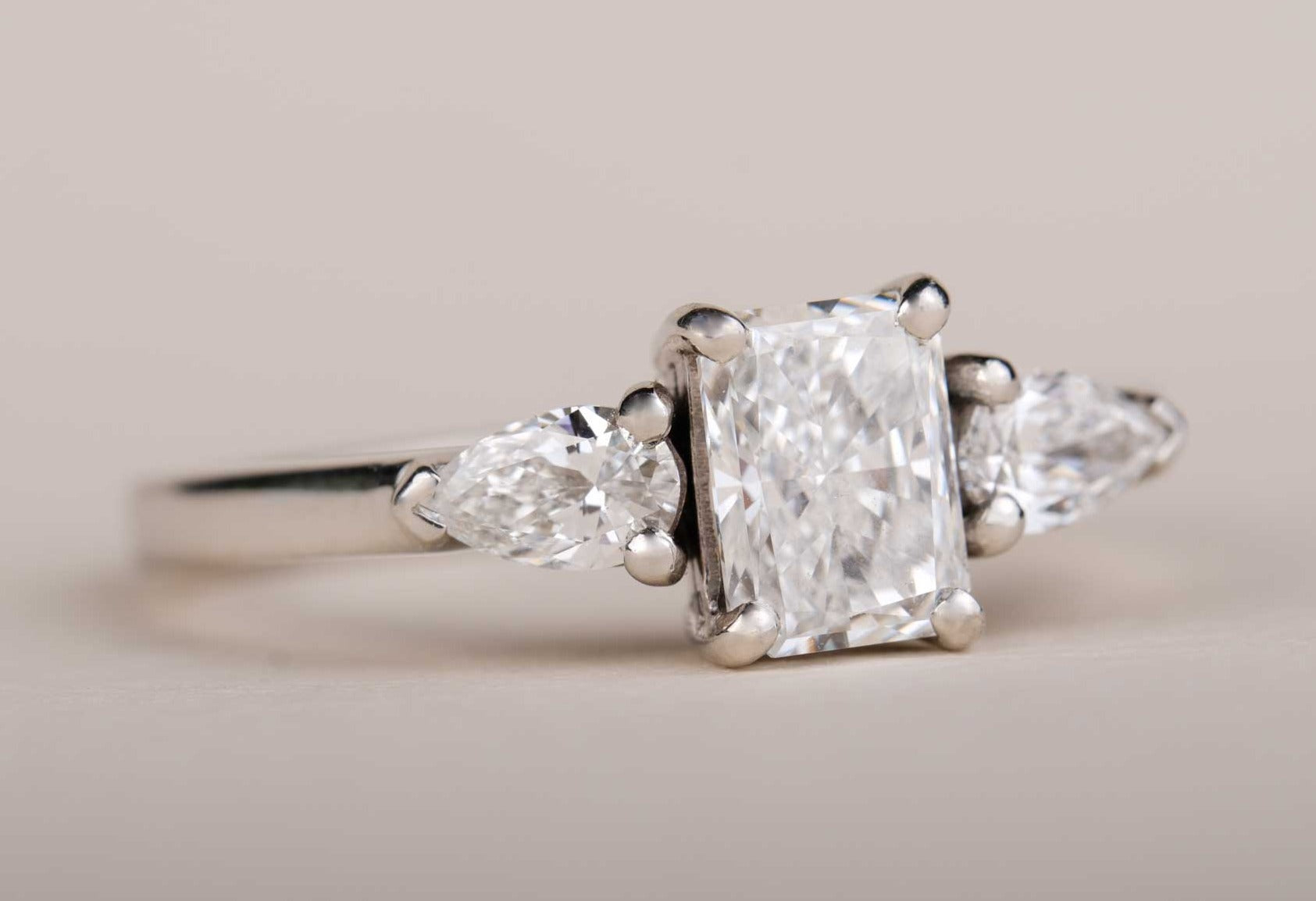 EC One PHOEBE Radiant Diamond Trilogy Engagement Ring in recycled platinum made in our London B Corp workshop