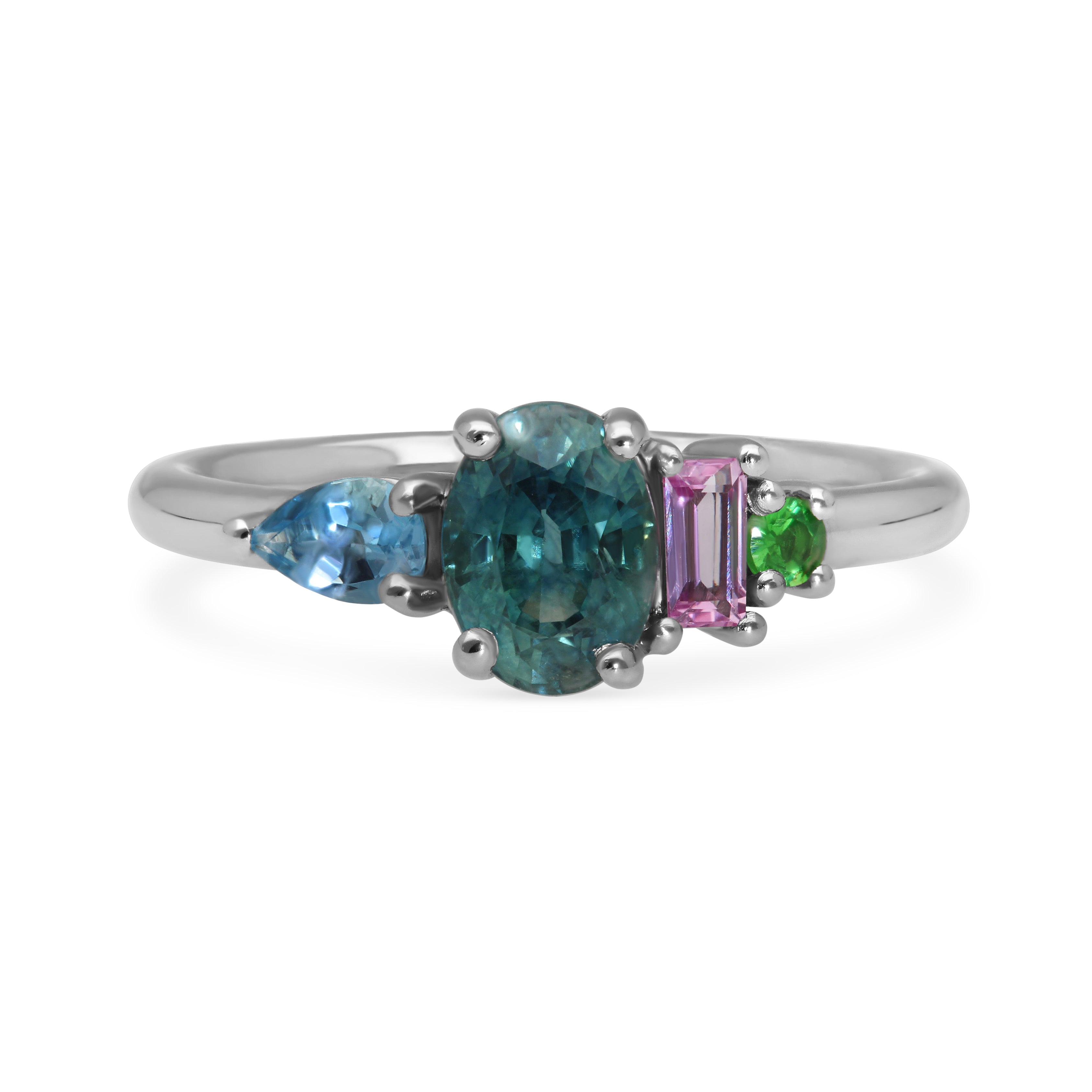 E.C.One ethical Large ELISE Platinum Ring with Oval Teal Sapphire made in London in our B Corp workshop