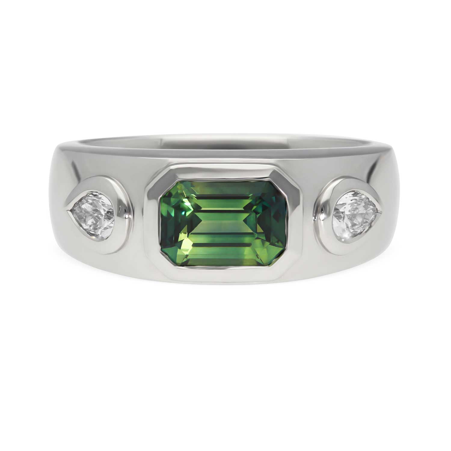 ethical Isla engagement ring by E.C.One London. recycled Platinum, Geen sapphire and diamond chunky engagement ring made in our B Corp London workshop