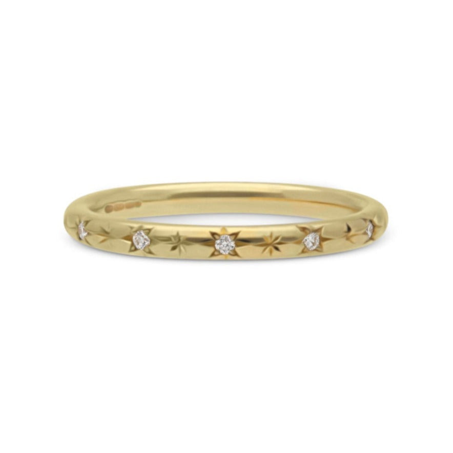 E.C. One NANCY Gold Wedding Ring with Engraved & Diamond Detailing made in our B Corp London workshop