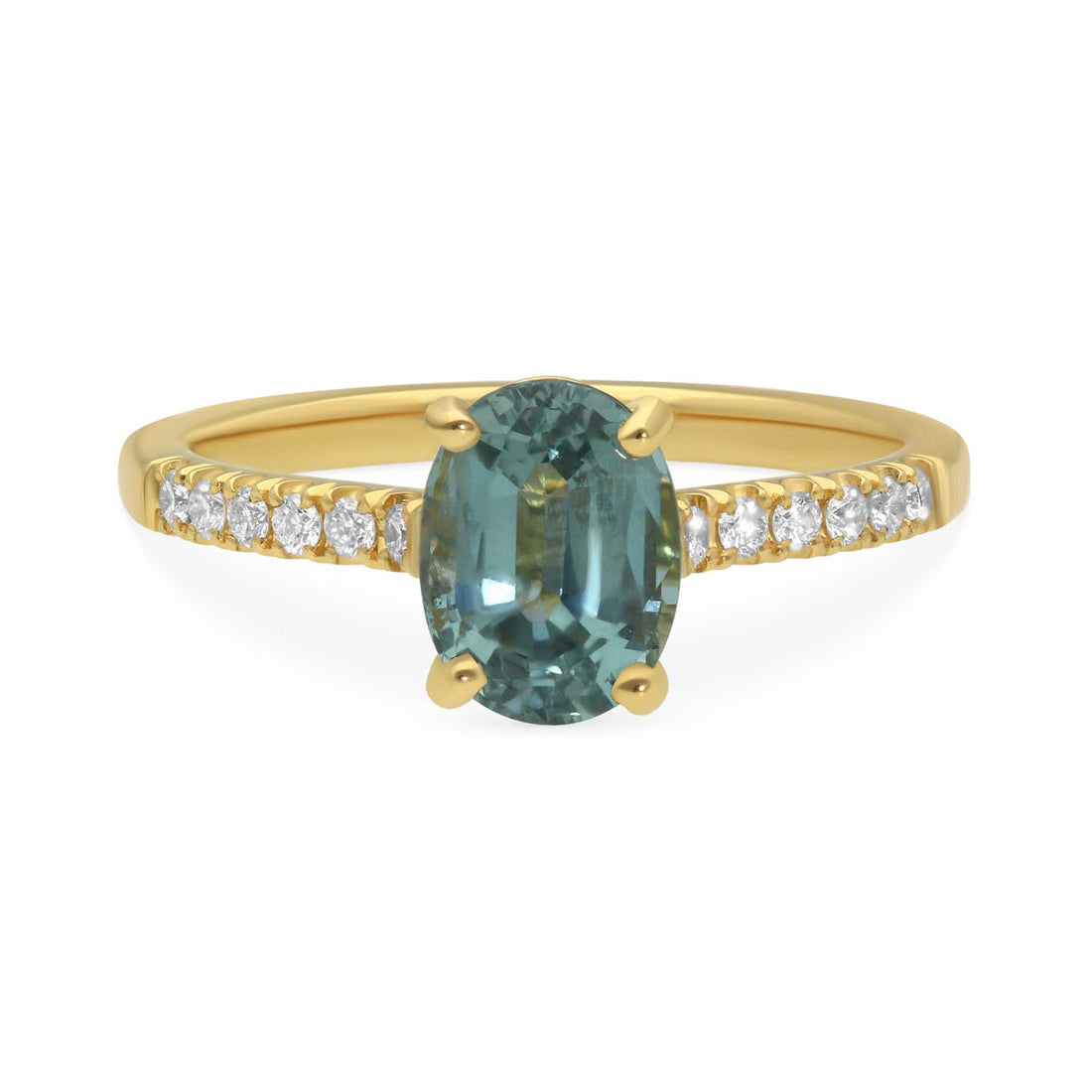 E.C.One ethical NANCY Oval Teal-Blue Sapphire and Diamond recycled gold engagement Ring handmade in our London B Corp certified workshoo