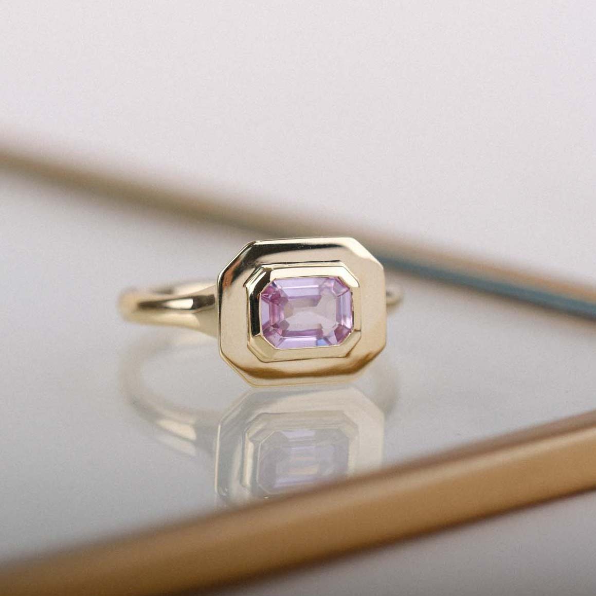 FRAME Gold Octagonal Pink Sapphire Ring by ethical jewellers E.C.One London, made in our B Corp London workshop