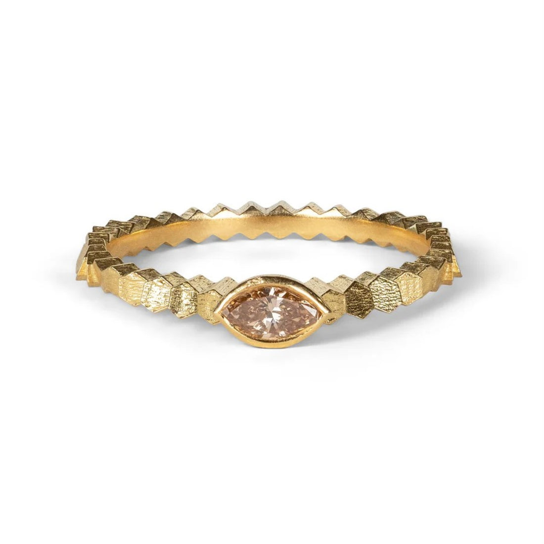 Jo Hayes Ward at ethical jewellers E.C.One London HEX Single Ring Yellow Gold Ring with Marquise Diamond