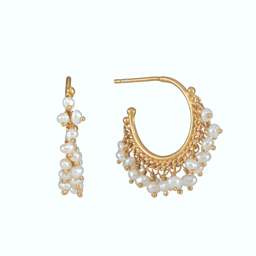 Small Chain Hoop Earrings with White Pearls