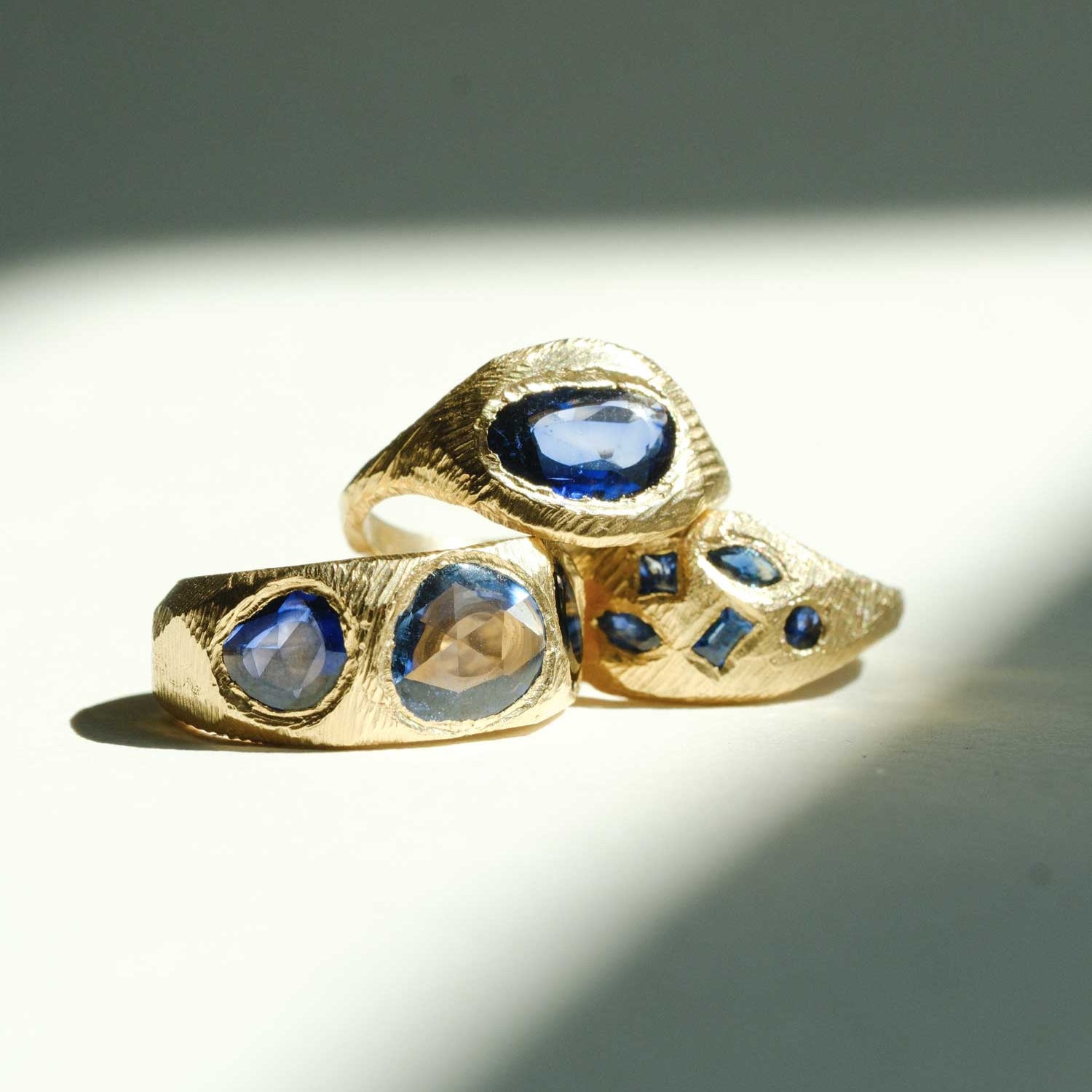 Page Sargisson at E.C.One London CARVED Gold Ring with 3 Blue Sapphires