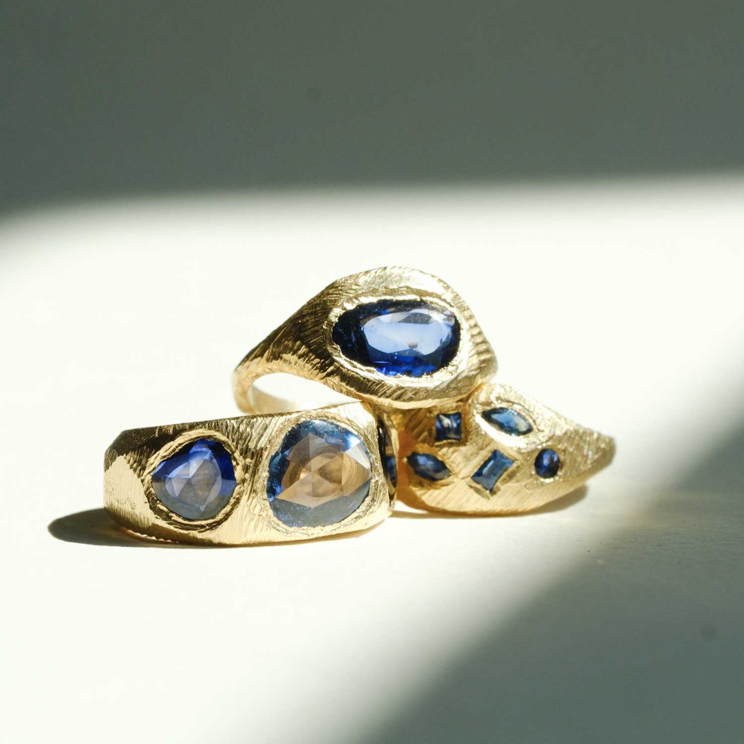 Page Sargisson at E.C.One London SIGNET Tapered Gold Ring with 5 Blue Sapphires