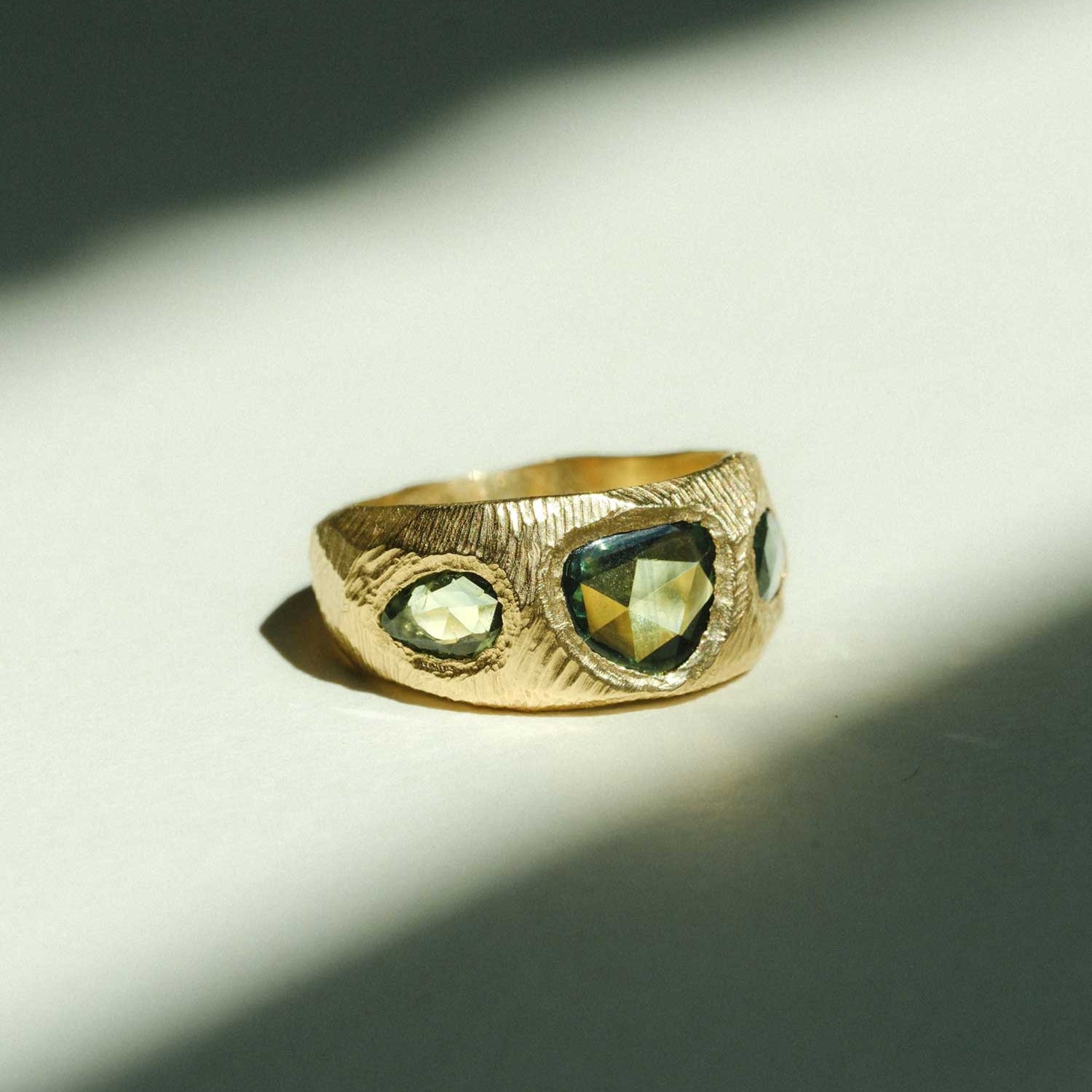 Page Sargisson at E.C.One London CARVED Gold Ring with 3 Green Sapphires