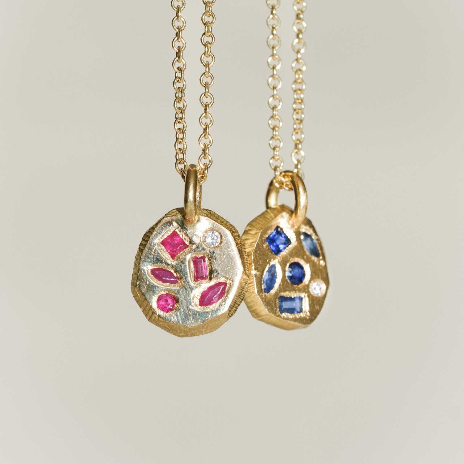 Page Sargisson CARVED Pendant Necklace Gold with Blue Sapphires & Diamond