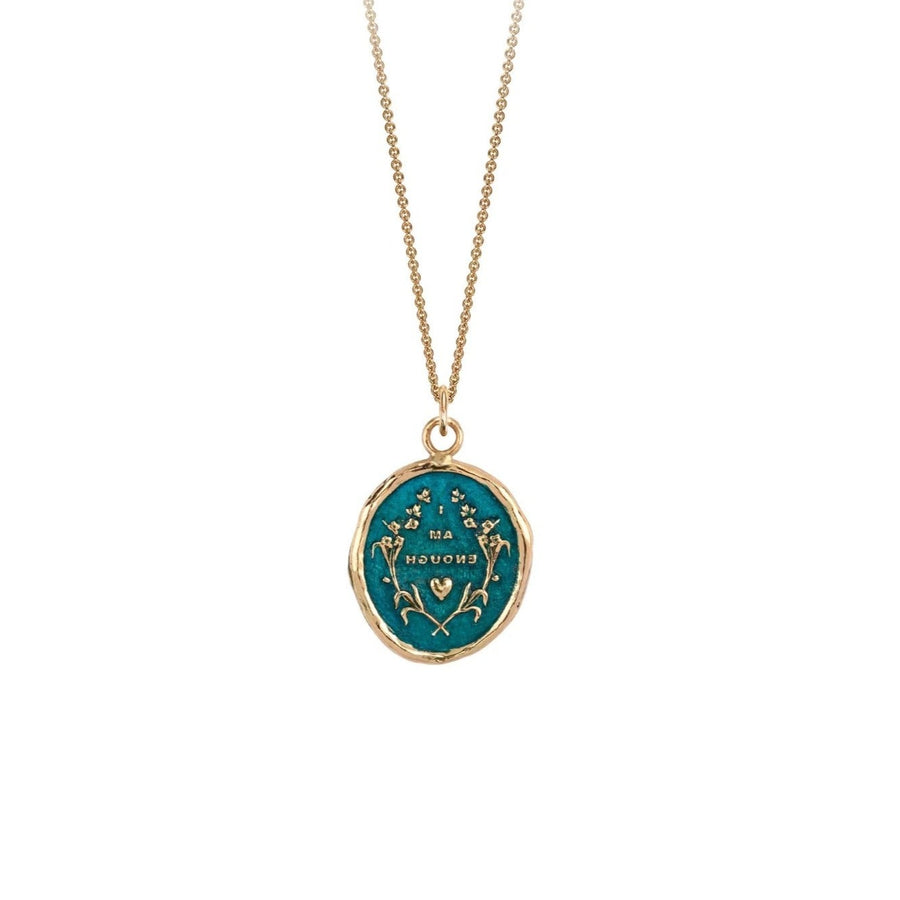 I AM ENOUGH Talisman 14ct Yellow Gold Necklace with Blue Ceramic Detail at ethical jewellers EC One London