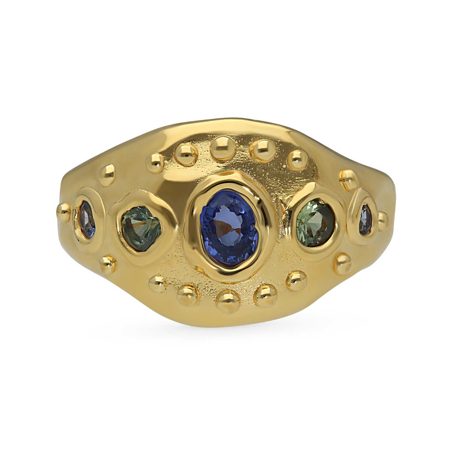 Sharlala at ethical jewellers E.C.One London EMBLEMA Ring with Blue & Green Sapphires
