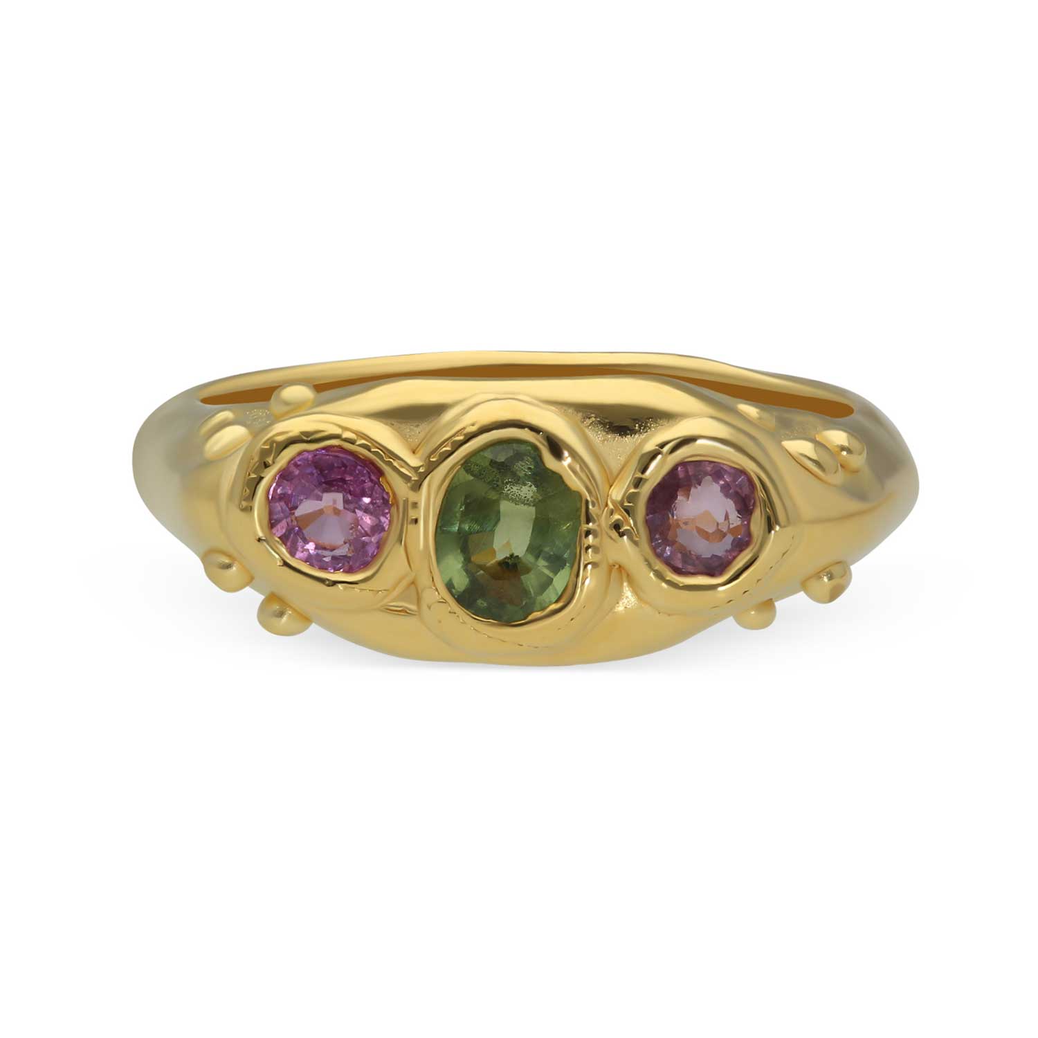 Sharlala at ethical jewellers E.C.One London FLINT Ring with Pink & Green Sapphires