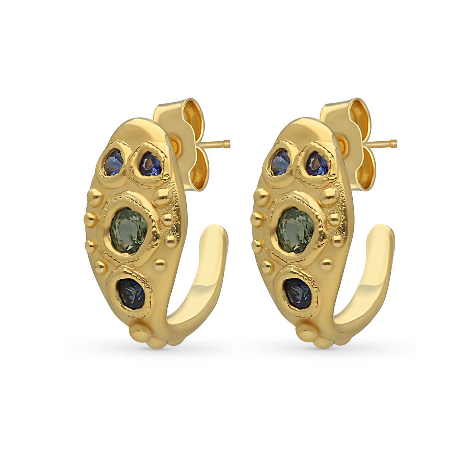 Sharlala at ethical jewellers E.C.One London OUROBOROS Hoops with Blue & Green Sapphires