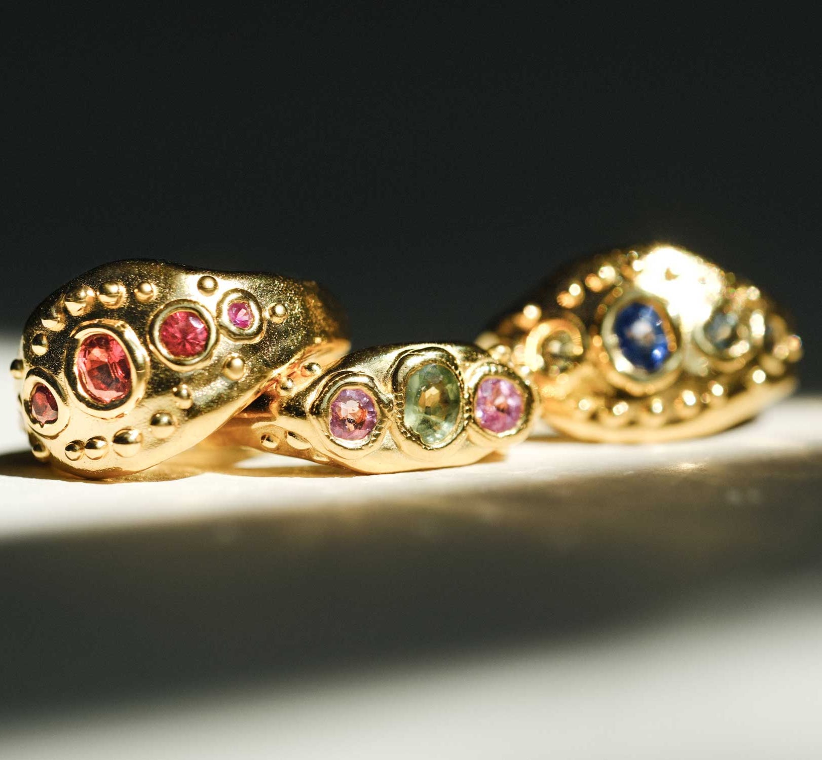 Sharlala at ethical jewellers E.C.One London FLINT Ring with Pink & Green Sapphires