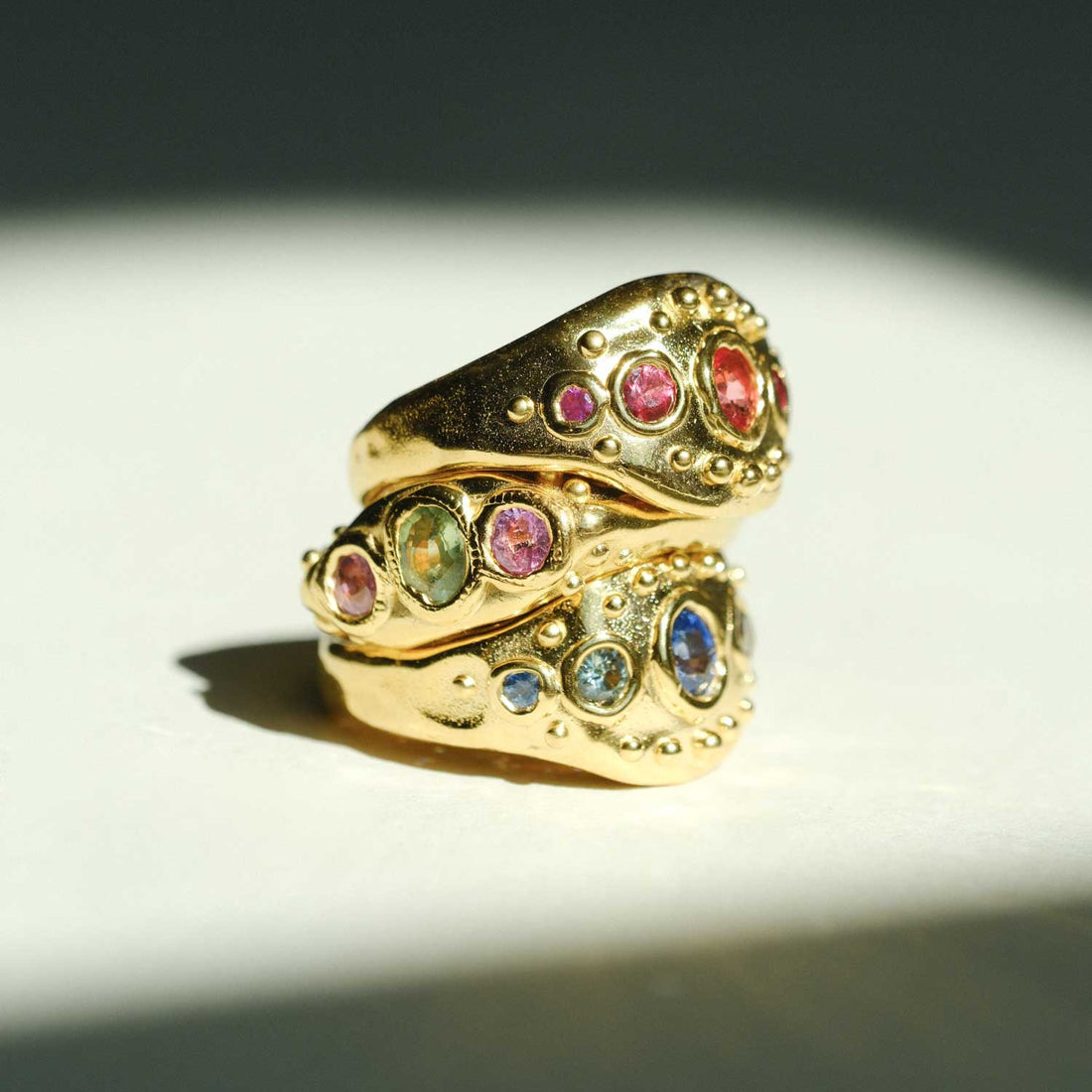 Sharlala at ethical jewellers E.C.One London EMBLEMA Ring with Blue & Green Sapphires