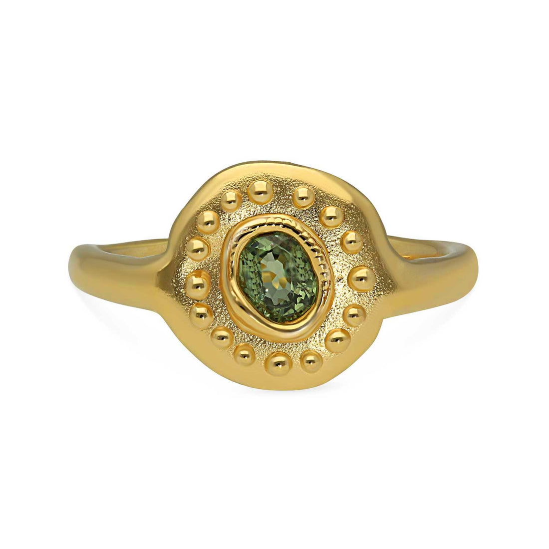 Sharlala at ethical jewellers E.C.One London SUN RA Ring with Green Sapphire