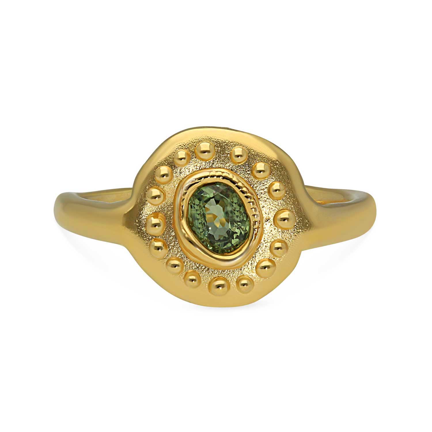 Sharlala at ethical jewellers E.C.One London SUN RA Ring with Green Sapphire