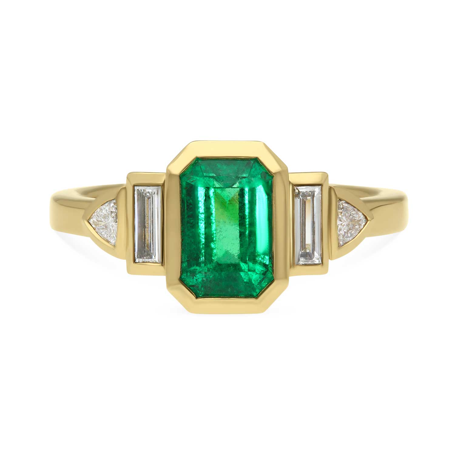 Daphne deco inspired emerald and diamond engagement ring in recycled yellow gold by EC One London