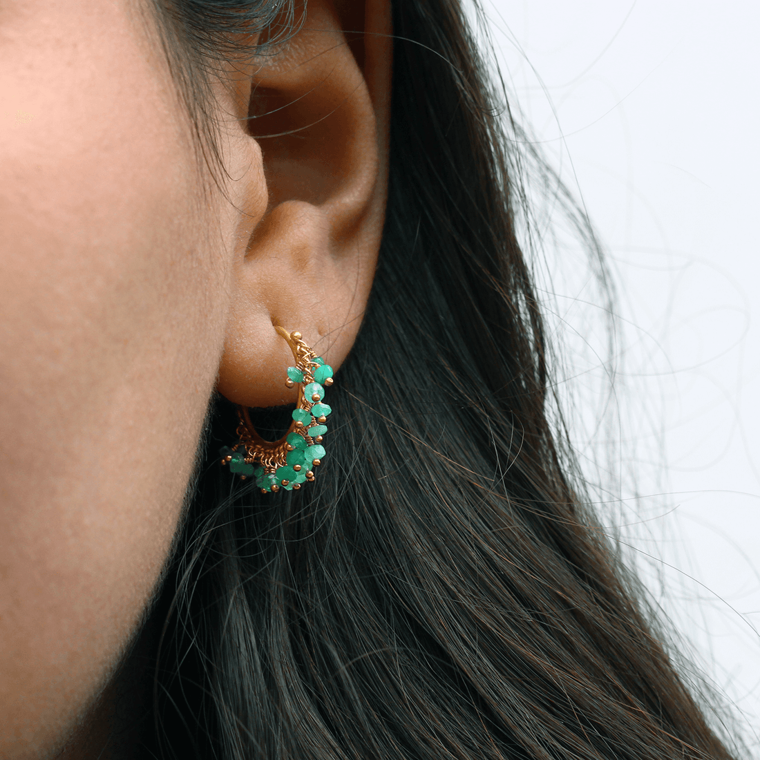 Small Chain Hoop Emerald Earrings