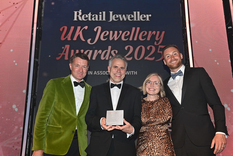 Jos and Alison Skeates of E.C.One winning at the Retail Jewellery Awards for Bespoke Jeweller of 2025 and Responsible Business of the Year 2025