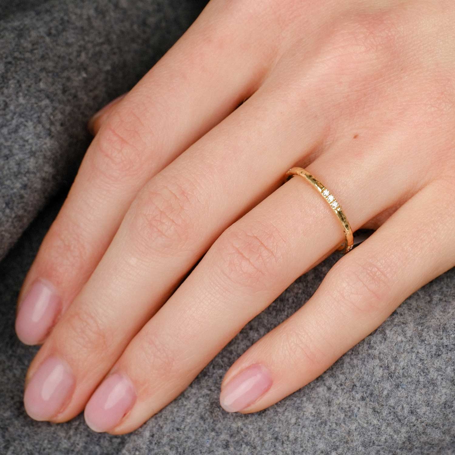 E.C.One ethical ALICE Gold Hammered Wedding Ring with 12 White Diamond made in our B Corp London workshop