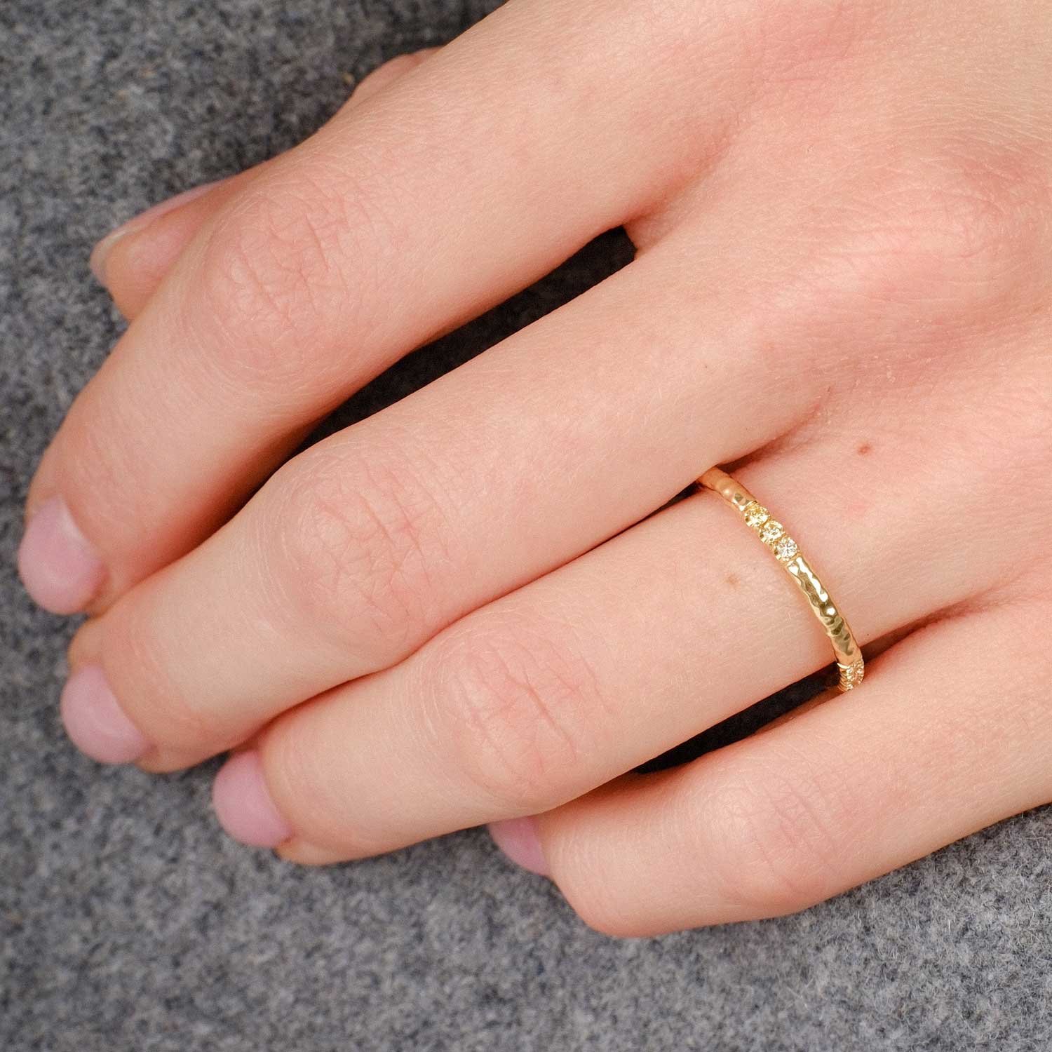 EC One ethical ALICE Yellow Gold Hammered Wedding Ring with 12 Champagne Diamonds made in our London B Corp workshop