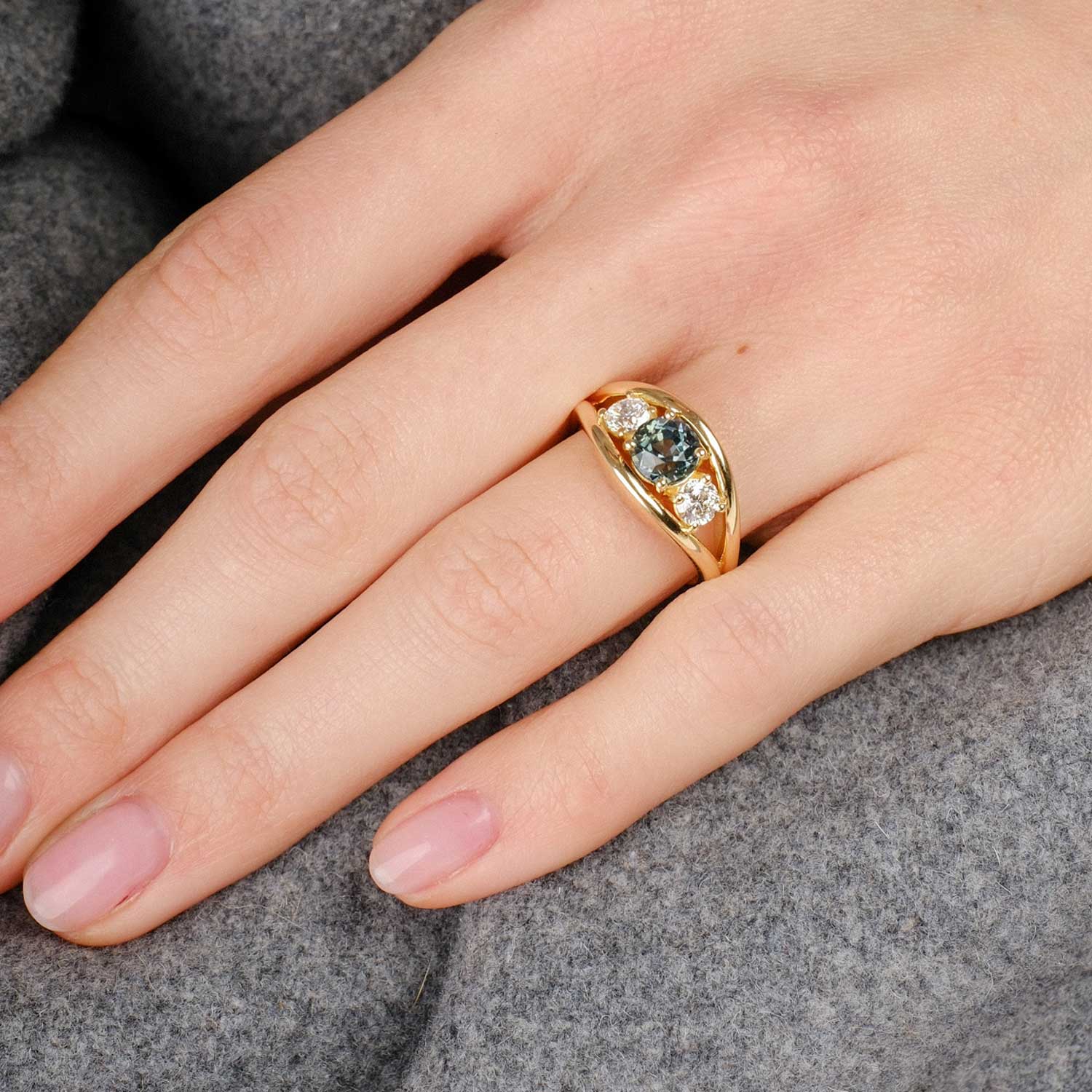 ANNA ethical Teal Sapphire and Diamond Yellow Gold Trilogy Engagement Ring  by ethical jeweller E.C.One made in our B Corp certified London workshop
