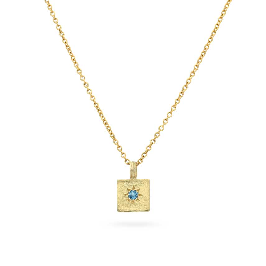 Ada Hodgson DAWN Medallion Necklace with Round London Blue Topaz Yellow Gold at ethical jewellers E.C. One London