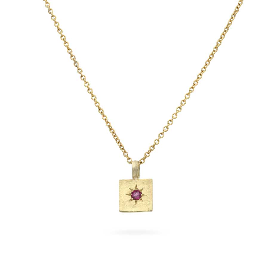 Ada Hodgson DAWN Medallion Necklace with Round Rhodalite Garnet Yellow Gold at ethical jewellers E.C. One jewellers London