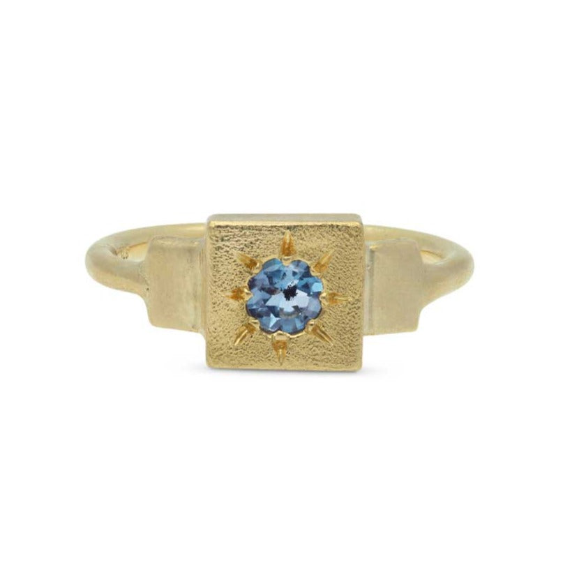 Ada Hodgson DAWN Signet Ring with Round London Blue Topaz Yellow Gold at ethical jewellers E.C. One London