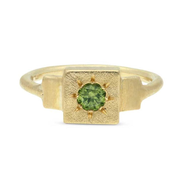 Ada Hodgson DAWN Signet Ring with Round Green Sapphire Yellow Gold at ethical jewellers E.C. One London