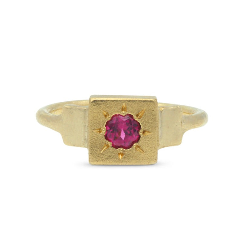 Ada Hodgson DAWN Signet Ring with Round Rhodalite Garnet Yellow Gold at ethical jewellers E.C. One London