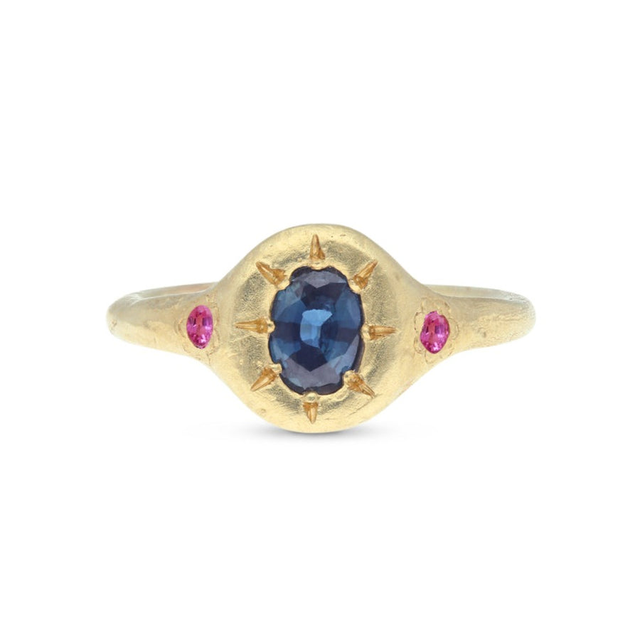 Ada Hodgson MONET'S GARDEN gold Signet Ring with Oval blue sapphire at ethical jewellers E.C. London