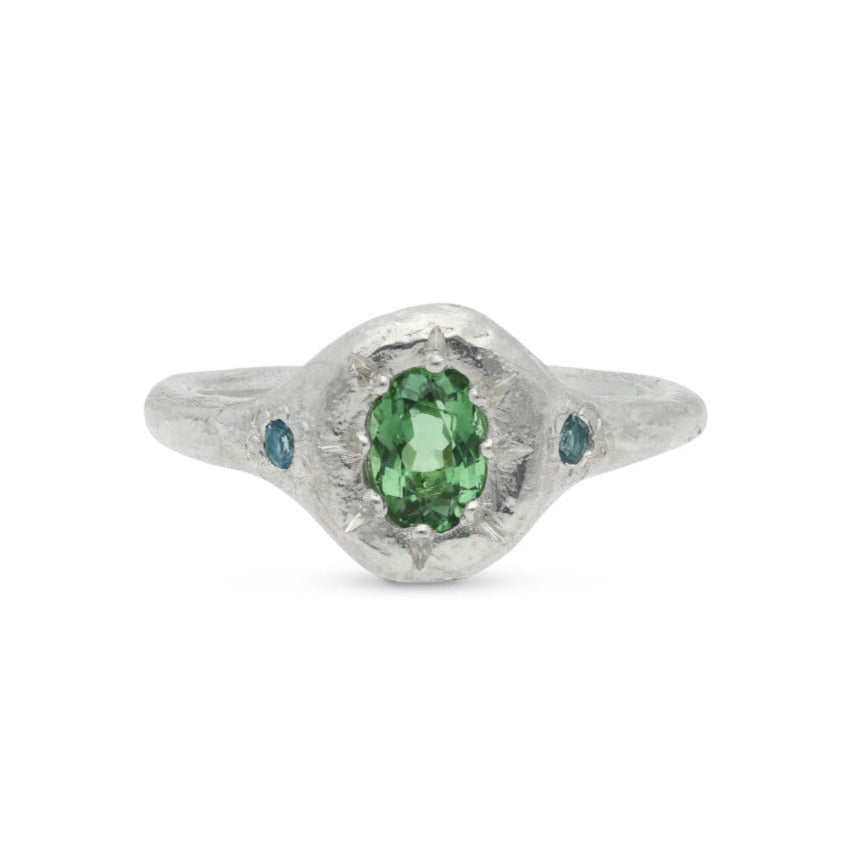 Ada Hodgson MONET'S GARDEN Signet Ring with Oval Green Tourmaline Silver at ethical jewellers E.C. London