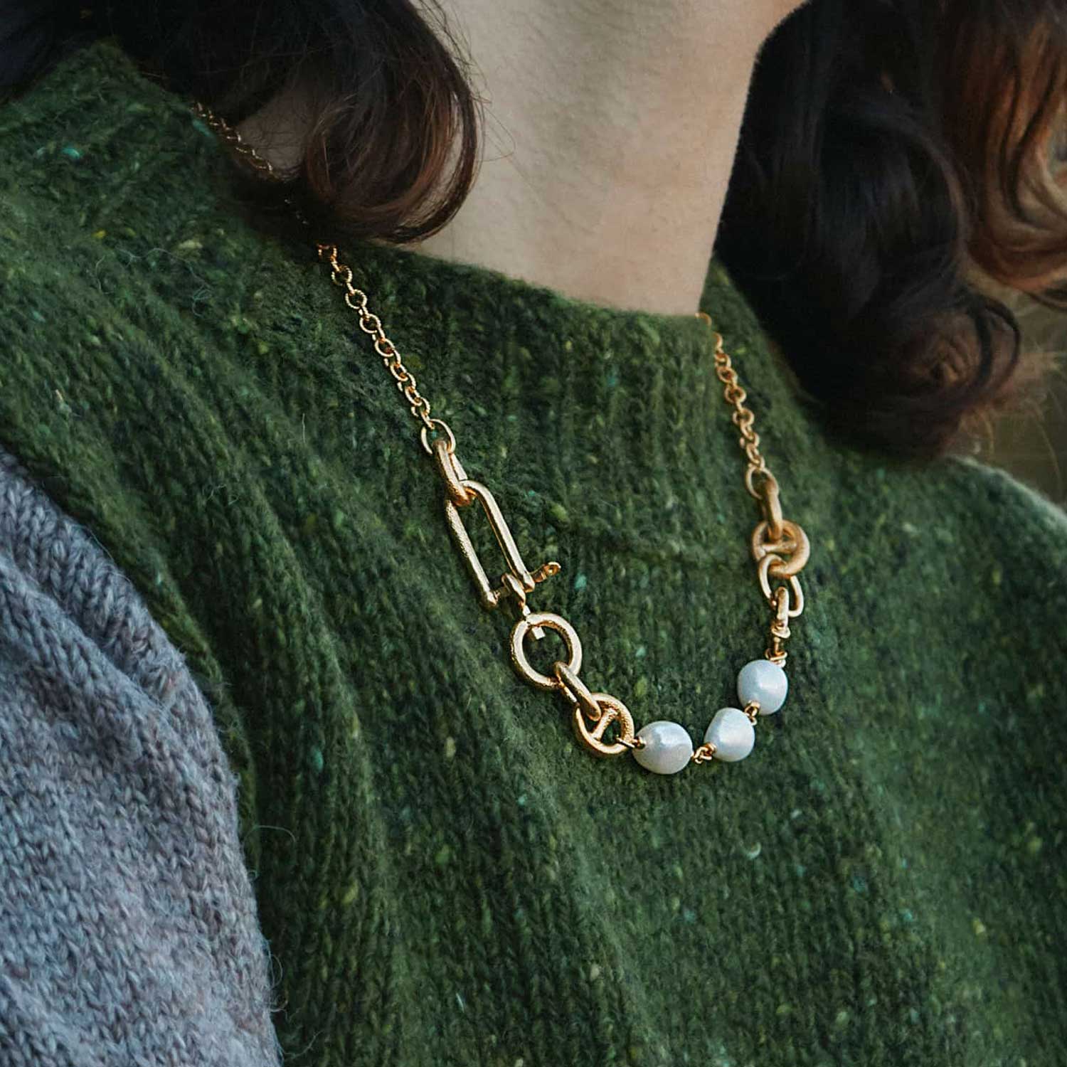Alex Monroe Heavy Boatyard Link Chain & Freshwater Pearl Statement Necklace Gold Plated at B Corp certified Ethical jeweller E.C.One London