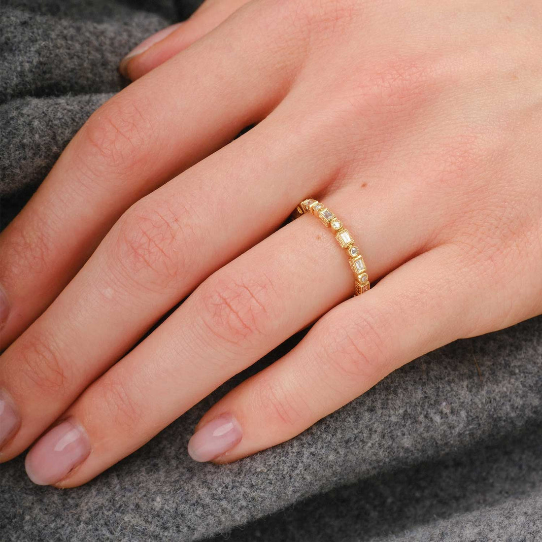 Baguette and Round Diamond Eternity Wedding Gold Ring