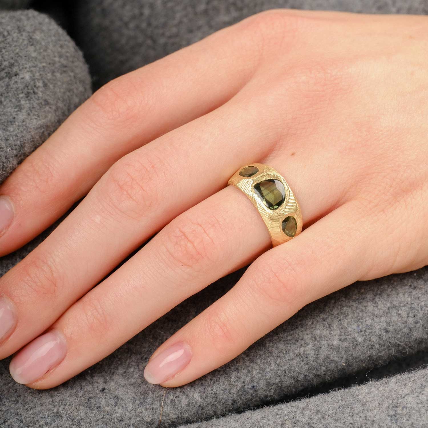 Page Sargisson at E.C.One London CARVED Gold Ring with 3 Green Sapphires