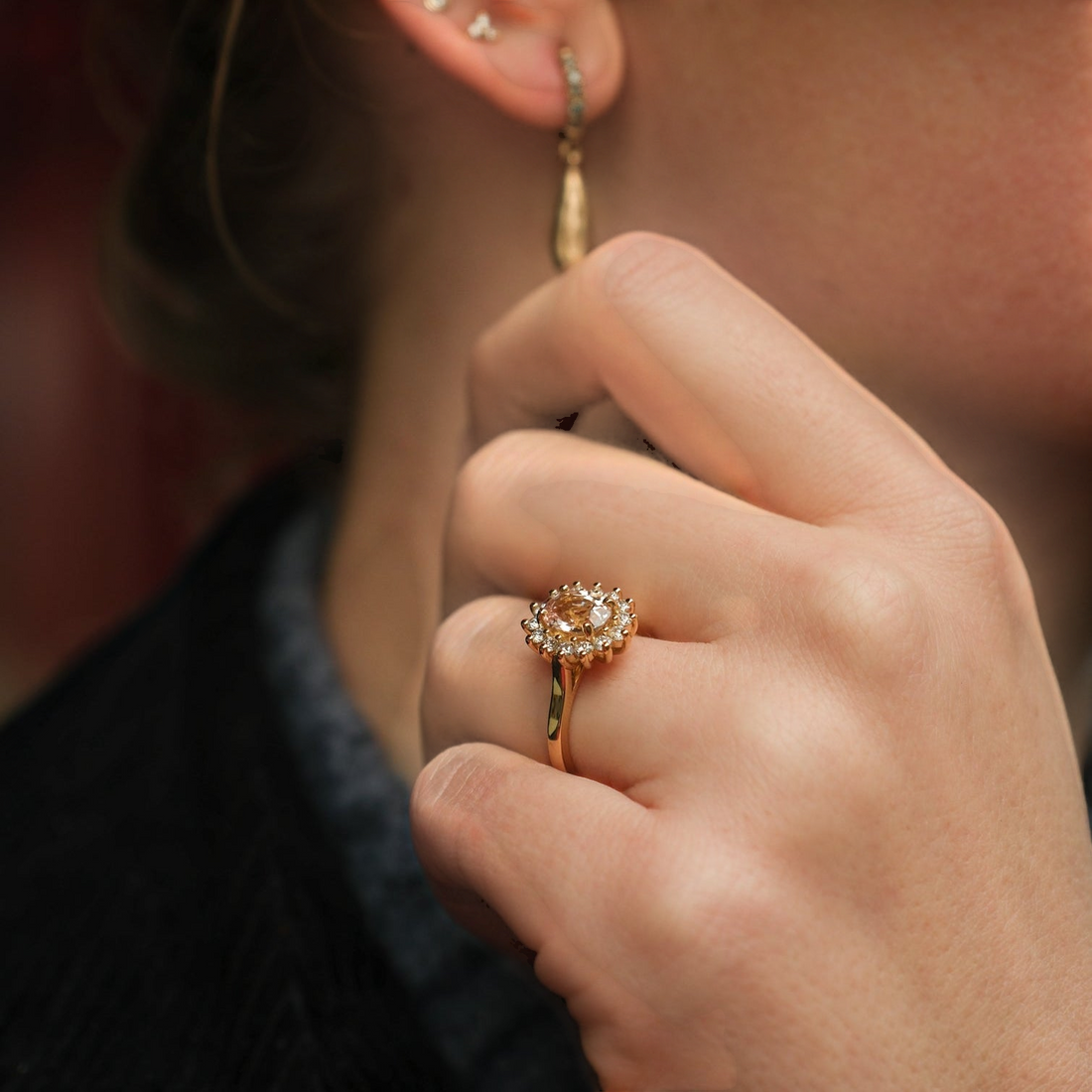 FLORENCE Peach Sapphire and Diamond Cluster Engagement Ring by ethical jeweller E.C.One London made in our B Corp London workshop