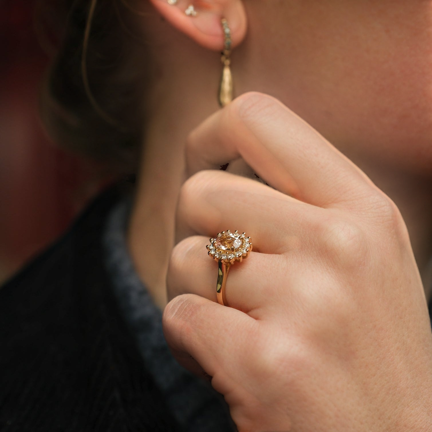 FLORENCE Peach Sapphire and Diamond Cluster Engagement Ring by ethical jeweller E.C.One London made in our B Corp London workshop