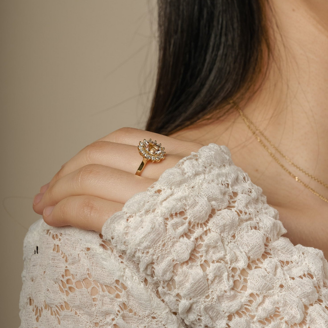 FLORENCE Peach Sapphire and Diamond Cluster Engagement Ring by ethical jeweller E.C.One London made in our B Corp London workshop