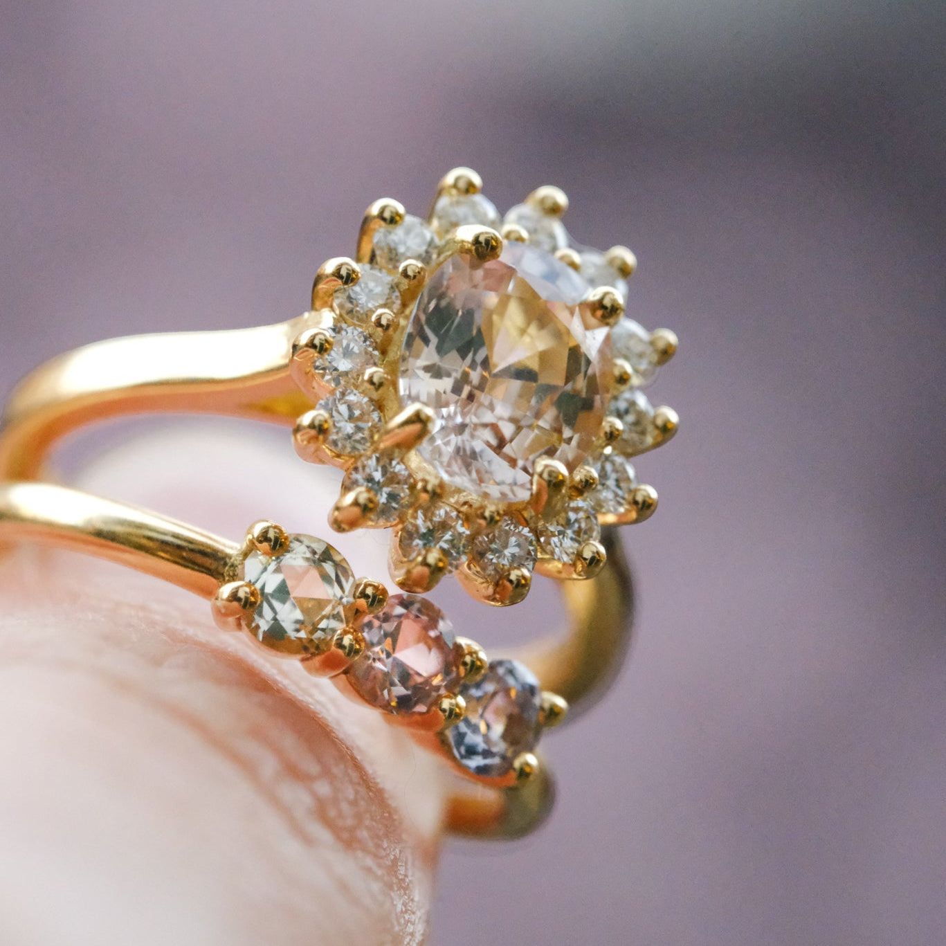 FLORENCE Peach Sapphire and Diamond Cluster Engagement Ring by ethical jeweller E.C.One London made in our B Corp London workshop