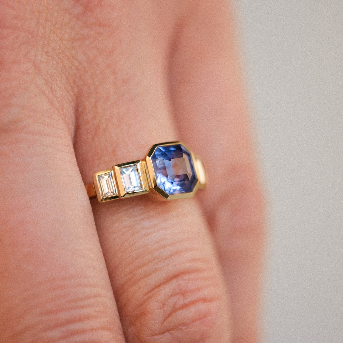 EVELYN Deco Octagon Blue Sapphire Yellow Gold Engagement Ring