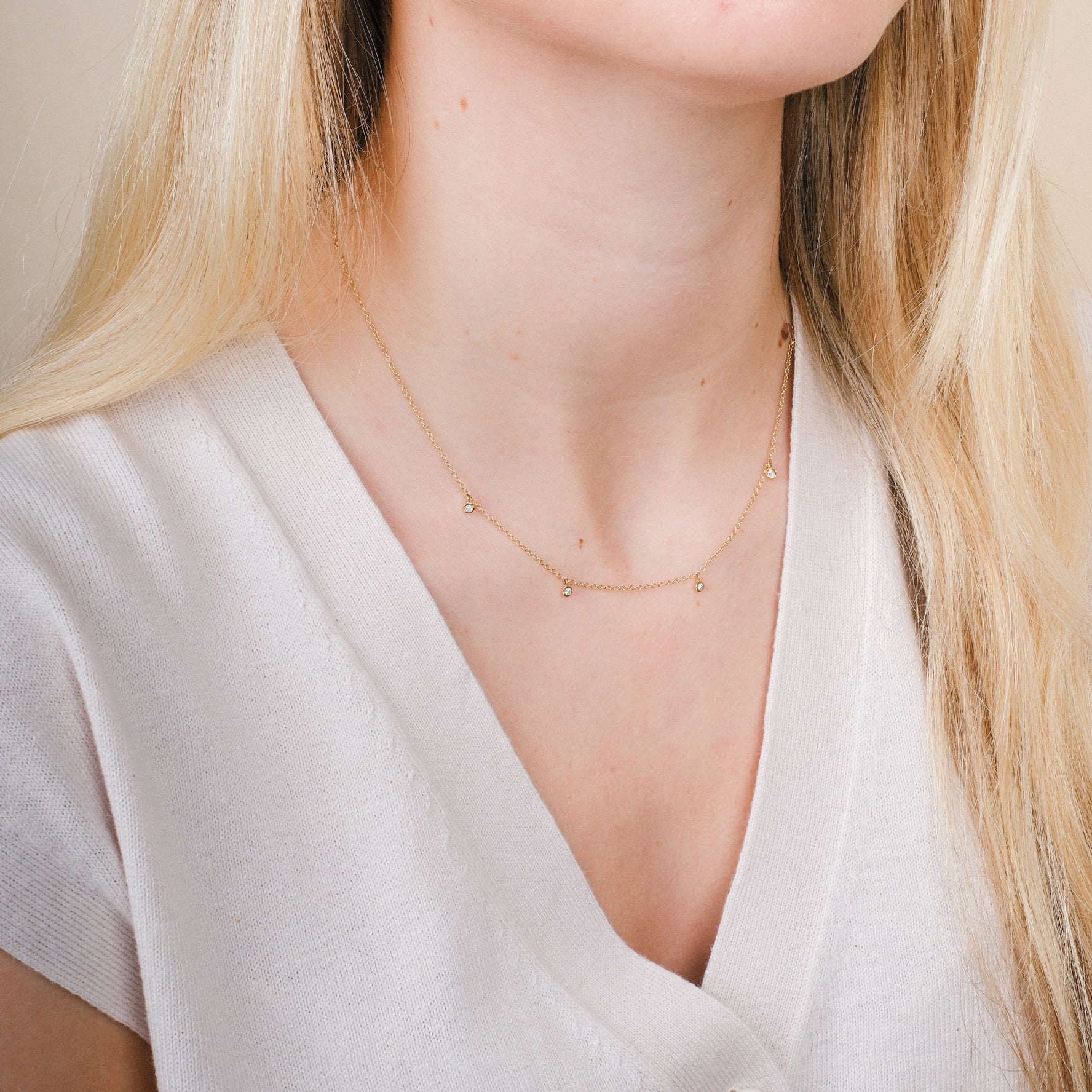 Dainty Gold Necklace with Five Hanging Diamonds